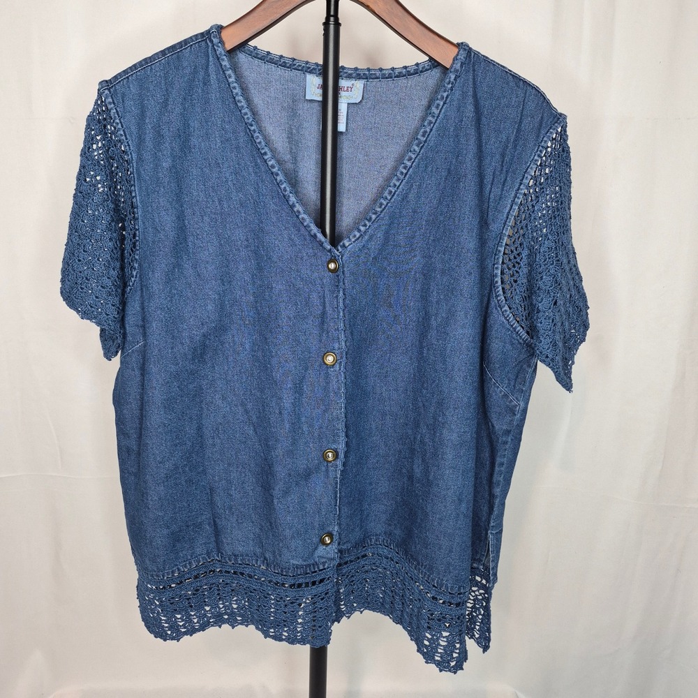 Jane Ashley Vintage 90s Denim Crochet Lace Trim Buttondown 1X Grunge Cottagecore